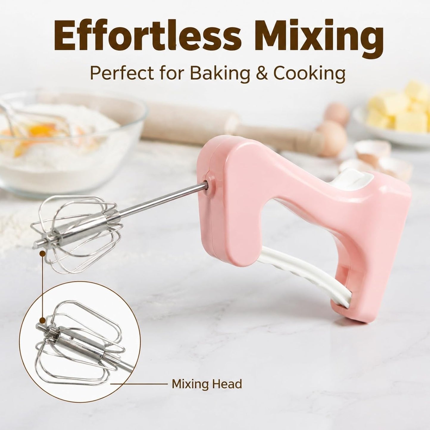 Semi Automatic Hand Mixer Egg Beater, Stainless Steel Pink 30cm - Ergonomic Grip, Quiet 360° Mixing, Ideal for Baking & Kitchen Use