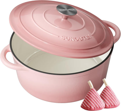 Enameled Cast Iron Dutch Oven - 6QT Dutch Oven Pot with Lid & Cotton Potholders - Heavy-Duty Non Stick Casserole Pot for Braising, Stews, Roasting, Baking, Suitable for All Stovetops, Gentle Pink