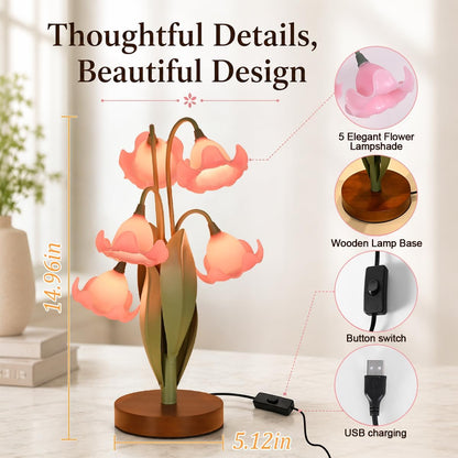 Flower Table Lamp for Bedroom, Cute Reading Light with 5 Pink Magnolia Flower of The Valley, Desk Lamp Bedside Lamps for Nightstands Home Decor,Soft Reading Night Light for Bedroom Living Room Office
