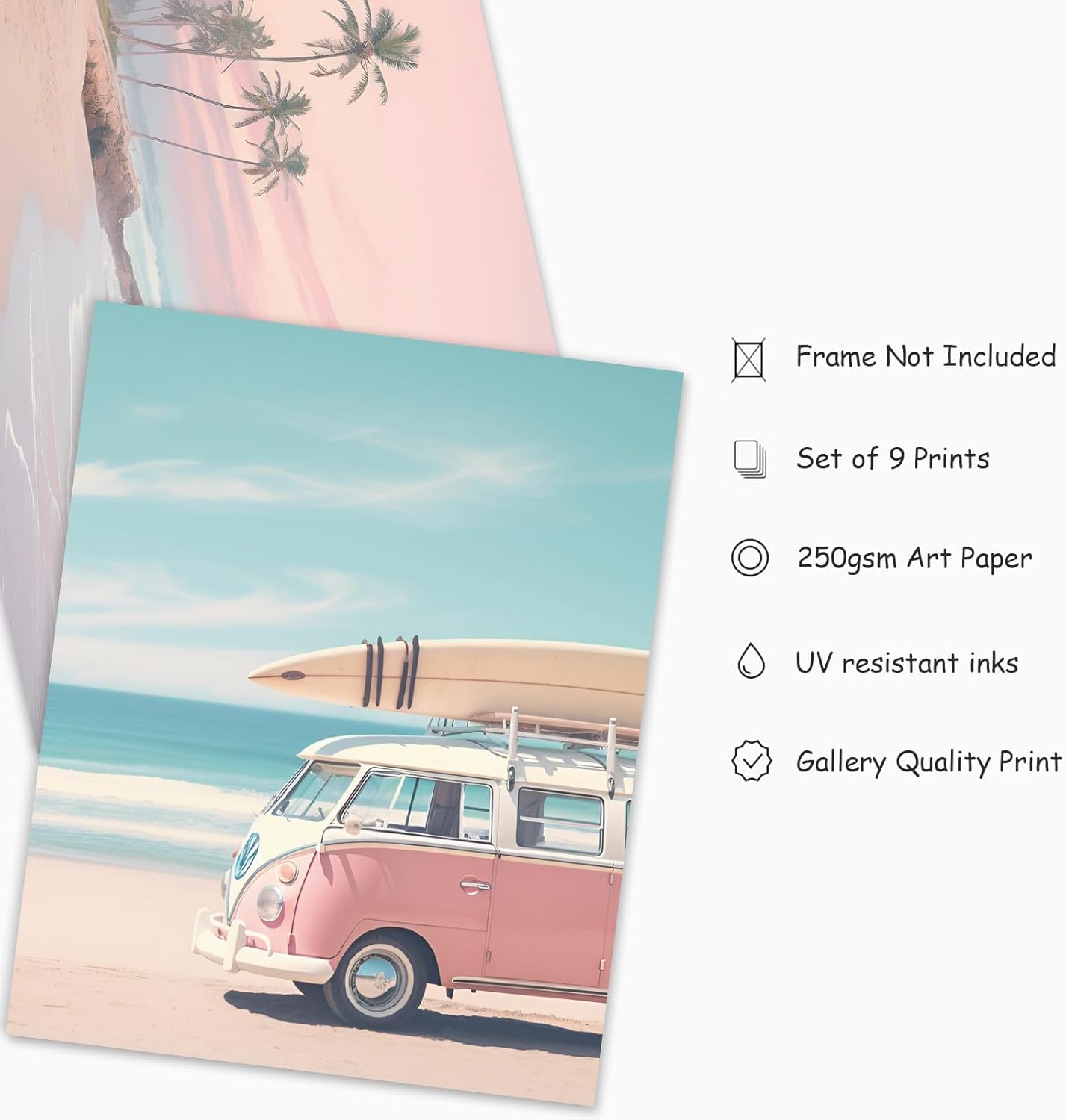 FYSUIMU 9Pcs Coastal Wall Art Prints Fresh Pink Tropical Summer Ocean Art Poster California Beachy Seascape Wall Decor for Gallery Living Room Bedroom (Unframed)