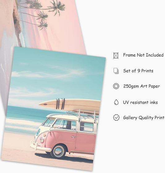 FYSUIMU 9Pcs Coastal Wall Art Prints Fresh Pink Tropical Summer Ocean Art Poster California Beachy Seascape Wall Decor for Gallery Living Room Bedroom (Unframed)