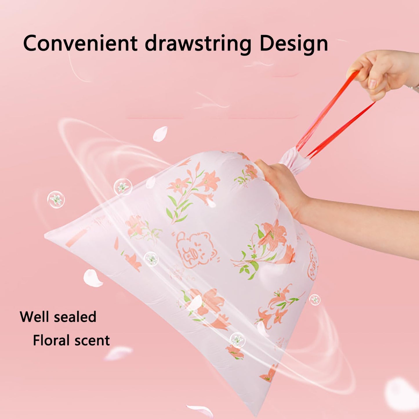4 Gallon Small Trash Bags 78pcs Tearing-Free Drawstring for Bathroom Office Home Bedroom Trash Can with Pink Lily Printed Garbage Basket Bags