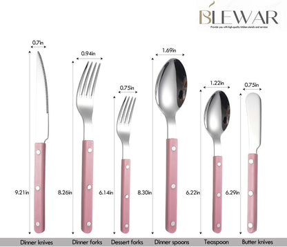 Pink-Color Handle Silverware Set - 6-Piece Stainless Steel Flatware with Steak Knife, Fork, Spoon, Teaspoon, Dessert Fork and Butter Knife - Elegant Tableware Cutlery for Dining (Pink)