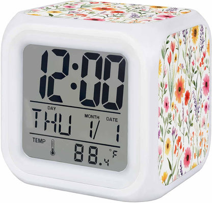 Spring Floral Alarm Clock, Pink Yellow Wildflowers Watercolor Botanical Digital Clock Night Light with 7 Color, Calendar Temperature Display, NightLight Clock for Bedroom, 3.2x3.2in