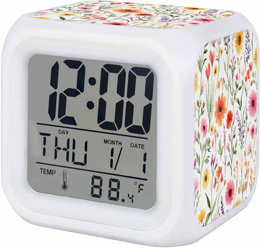 Spring Floral Alarm Clock, Pink Yellow Wildflowers Watercolor Botanical Digital Clock Night Light with 7 Color, Calendar Temperature Display, NightLight Clock for Bedroom, 3.2x3.2in