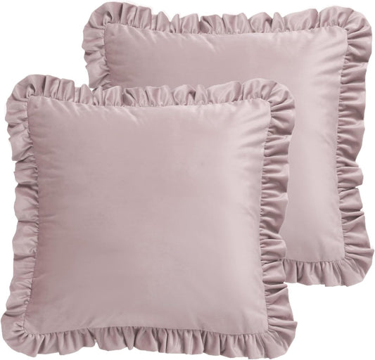 patdrea Vintage Designer Light Pink Throw Pillow Covers 18"x18" Set of 2,Soft Velvet Durable Lumbar Pillows Cover with Ruffles,Farmhouse Decorative Pillow for Bed Living Room Car Outdoor