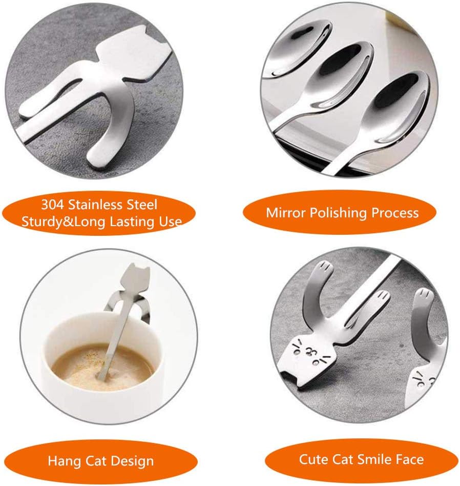 4 Pack Mini Cat Spoon Coffee Tea Spoon Set 304 Stainless Steel Cute Hang Cup Spoon Tableware Flatware Kitchen Gadget for Spice/Salt/Suger Dessert Picking Tea Coffee Drink Mixing (Rose gold)