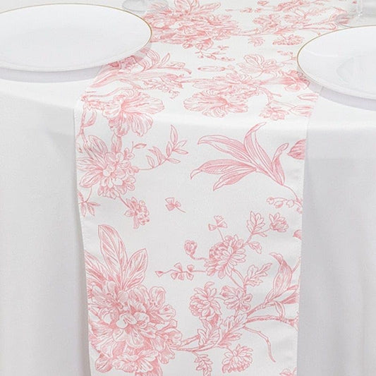 12 x 108-Inch White with Pink Floral French Toile Polyester Table Top Runner Wedding Party Event Reception Occasions Linens Decorations