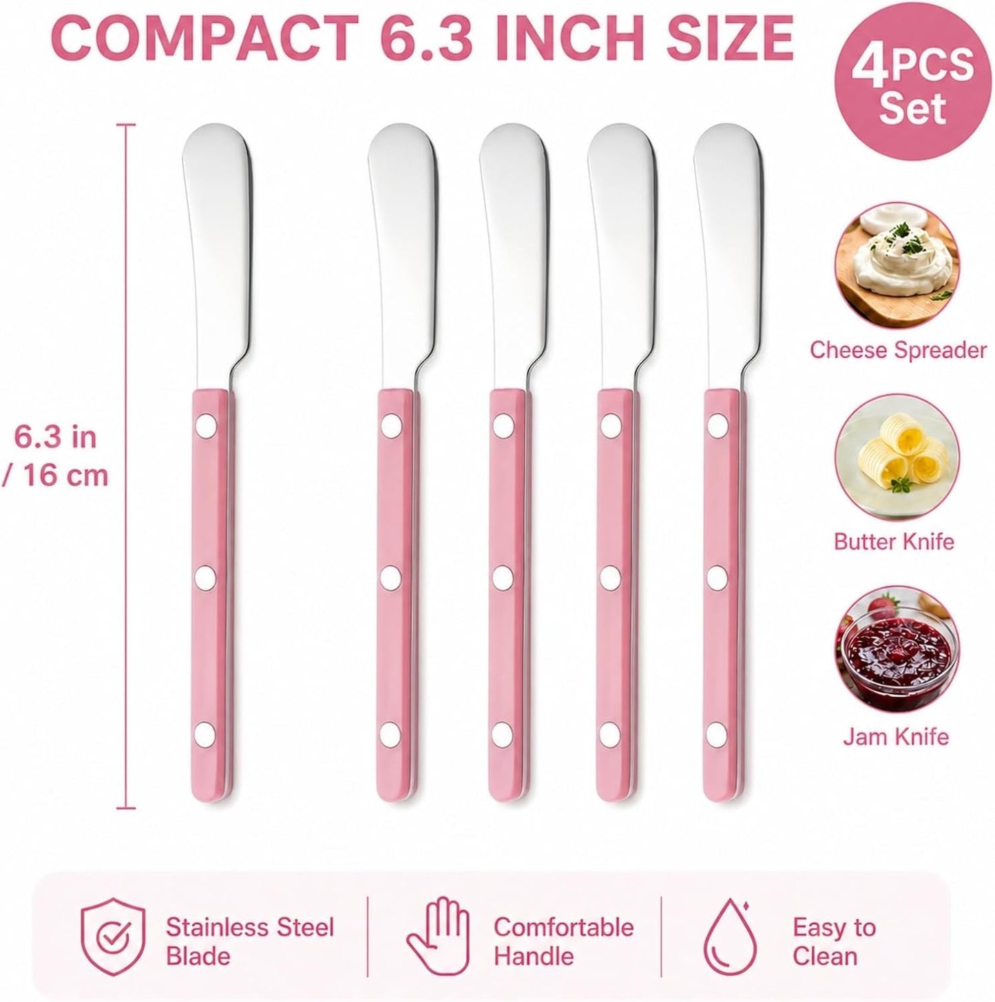 4PCS Stainless Steel Butter Knives Set: 6.3 Inch Cheese Spreader 304 Stainless Steel with Ergonomic Handle for Cheese, Butter & Jam (pink)