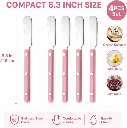 4PCS Stainless Steel Butter Knives Set: 6.3 Inch Cheese Spreader 304 Stainless Steel with Ergonomic Handle for Cheese, Butter & Jam (pink)