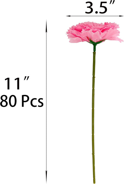 Pink Carnations Artificial Flowers Heads, 80pcs 3.5'' Fake Faux Silk Flower Heads with Stem for DIY Wreath,Flower Wall, Handmade Flowers, Table Centerpieces, Baby Shower, Graduation Decor