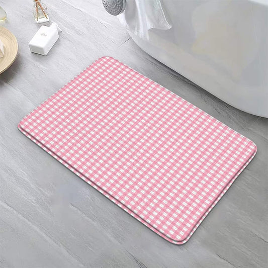 Checkered Bath Mat Pink Checked Plaid Girls Chic Cute Retro Checkerboard Vintage Geometric Aesthetic Girly Bathroom Rug Microfiber Memory Foam Shower Mat Kitchen Bath Floor Rugs, 18x30 Inch