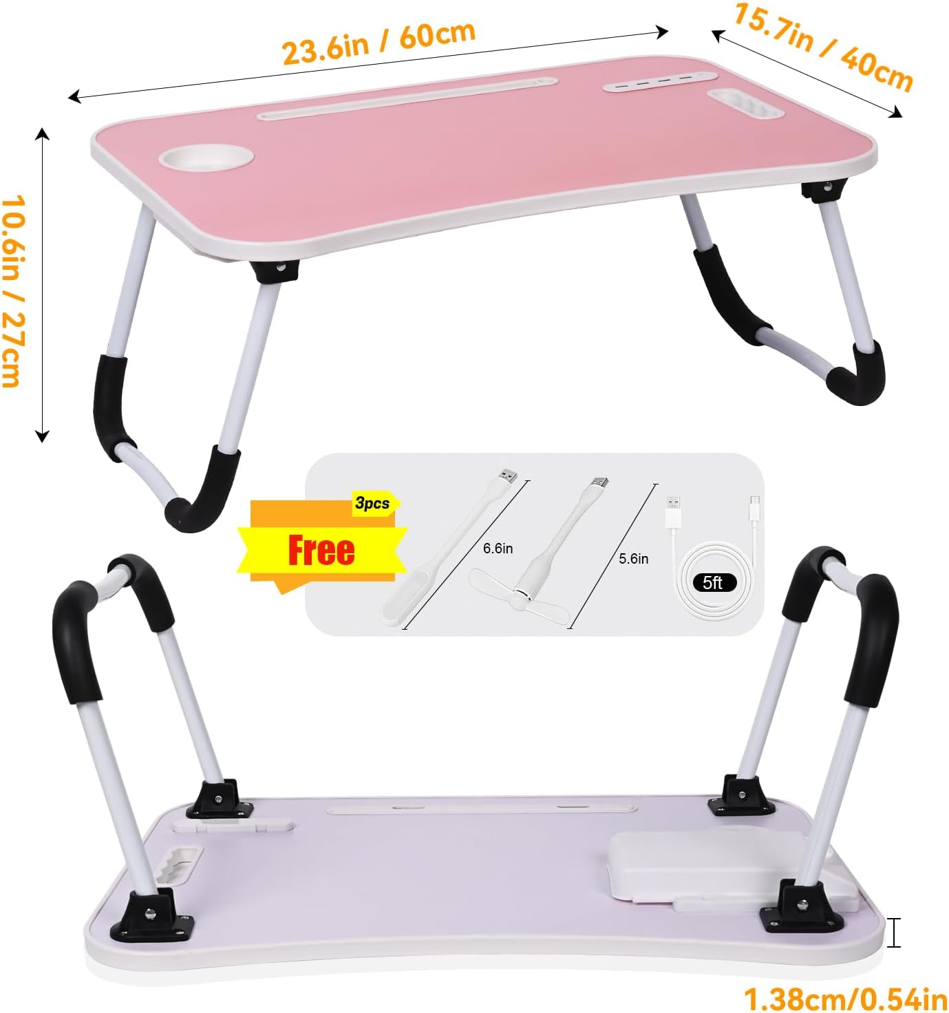 Laptop Bed Tray Table, Laptop Table Stand Desk with Carrying Handle,Storage Drawer/Cup Holder/USB Charge Port/USB Fan/USB Lamp for Studying,Working,Reading,Writing,Pink