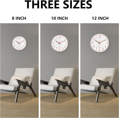 Silent Wall Clocks Battery Operated 8 Inch, Analog Wall Clock with Oversized Number Tempered Glass Clock Face, Rose Gold Quartz Non Ticking Wall Clocks for Living Room Bedroom Kitchen Office