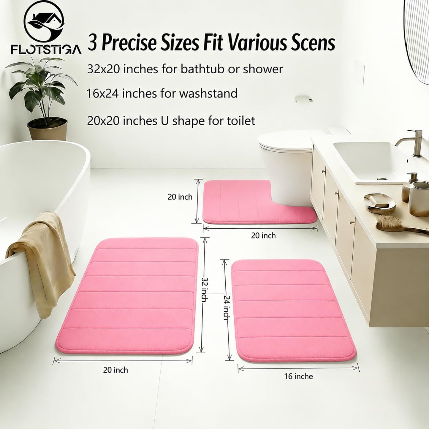 Memory Foam Bath Mat Set 3 Piece，Super Soft Absorbent Bathroom Rug Non Slip, Quick Dry,Machine Wash, Perfect Plush Bathroom Rugs,Home Decor Accessories,Pink