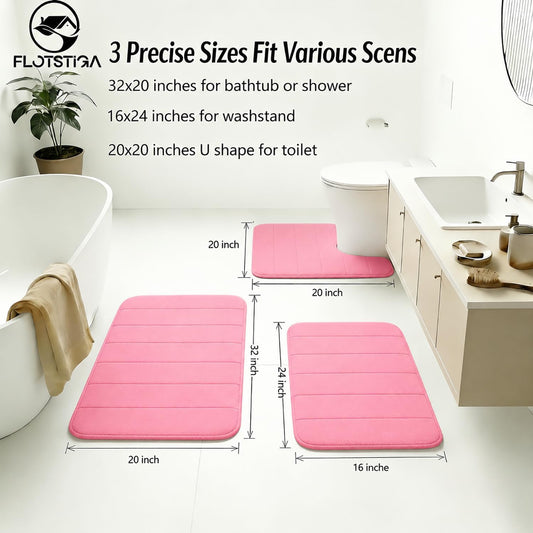 Memory Foam Bath Mat Set 3 Piece，Super Soft Absorbent Bathroom Rug Non Slip, Quick Dry,Machine Wash, Perfect Plush Bathroom Rugs,Home Decor Accessories,Pink