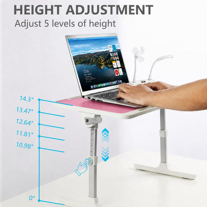 Adjustable Laptop Desk for Bed & Sofa, Height and Angle Adjustable Lap Desk with USB Cooling Fan & LED Light, Foldable Portable Laptop Table Stand for Home, Floor, Adults & Kids, Pink