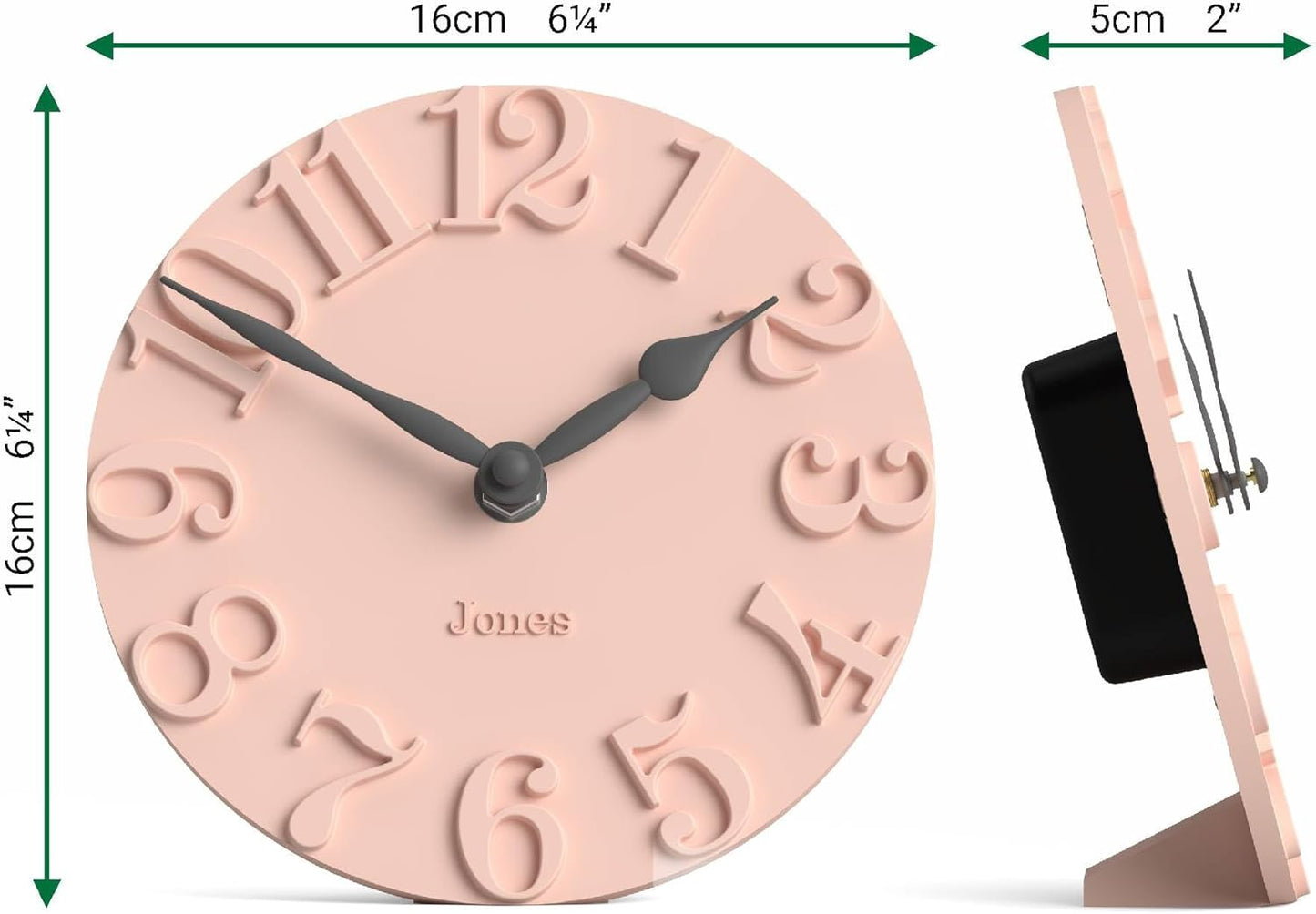 JONES CLOCKS® Hampstead Desk Clock | Freestanding | Rose Pink | Elegant Raised Moulded Numerals | Ideal for Shelf Mantel Living Room Home Office or Bedside