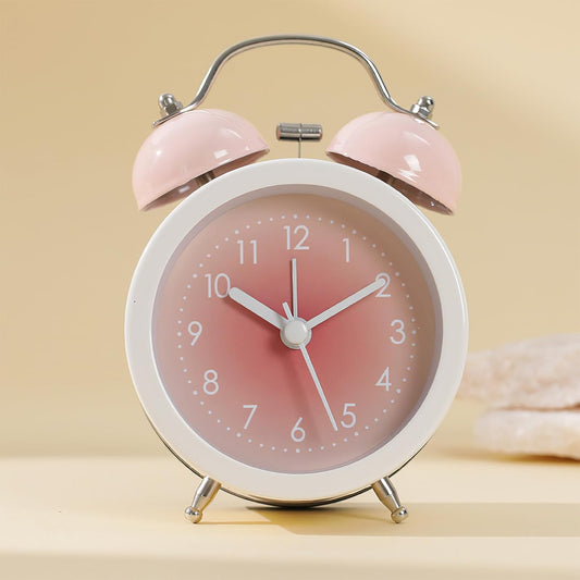 Twin Bell Alarm Clock, 5 inch Colorful Table Clock, Battery Operated Loud Alarm Clock with Night Light, Non-Ticking Desk Clock for Office Bedroom Bedside Decoration, Christmas Birthday Gifts (Pink)