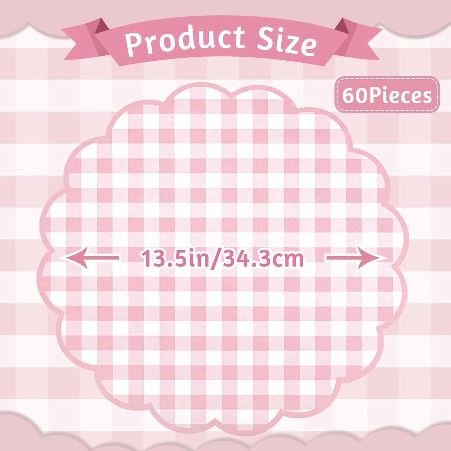 60 Pcs Pink and White Gingham Paper Placemat,13.5 Inch Scalloped Checkered Place Mats Disposable Table Placemats Decorative Paper for Anniversay Baby Shower Wedding Banquet Tea Party Picnic