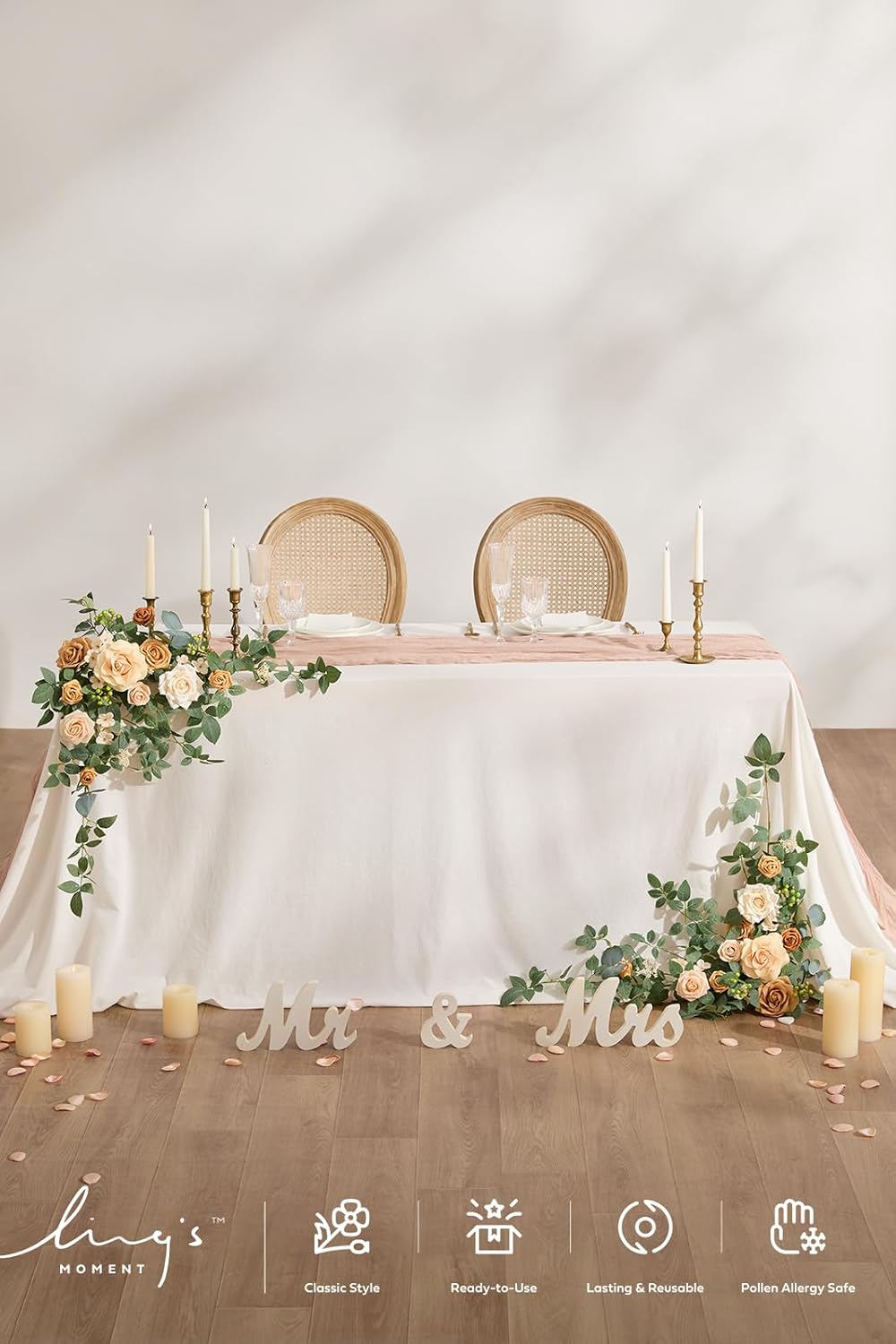 Ling's moment 2PCS Apricot Peach Artificial Flower Garland Wedding Arch Flowers Floral Swags Centerpieces Decoration Rose Greenery for Sweetheart/Head Table Easel Wall Entryway Board Backdrop