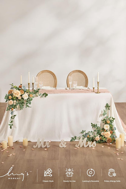 Ling's moment 2PCS Apricot Peach Artificial Flower Garland Wedding Arch Flowers Floral Swags Centerpieces Decoration Rose Greenery for Sweetheart/Head Table Easel Wall Entryway Board Backdrop