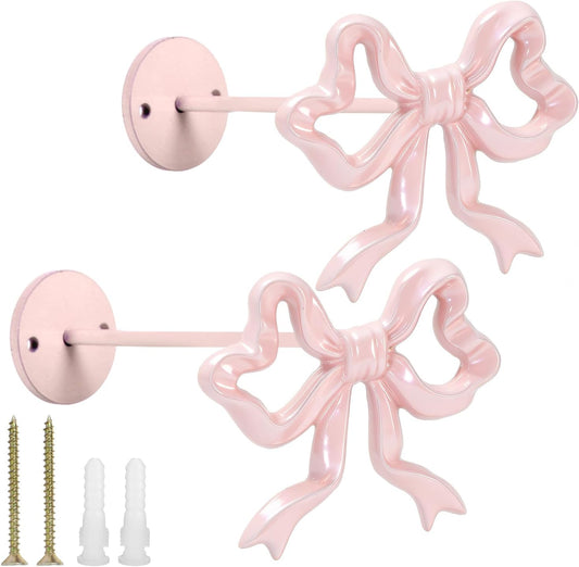 Whaline 2Pcs Valentine' s Day Pink Bow Curtain Holdbacks Wall Mounted Bow Knot Curtain Hold Backs Coquette Metal Holders for Home Office Living Room Bedroom Decor