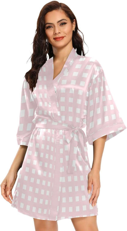 Pink Checkered Pattern Woman's Bathrobe with Pockets Boxer Bathrobe for Swim Party