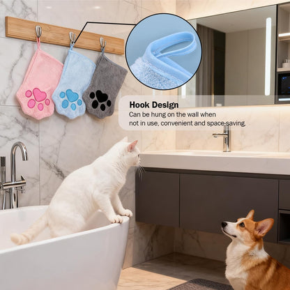 Paw Bathing Towel for Cats, Ultra Soft Microfiber Pet Bath Towel Gloves for Muddy Paws, Ears, Coral Fleece Pet Towel, Quick-Dry Cat Drying Towel, Lint-Free Absorbent with Hanging Loop (blue+pink)