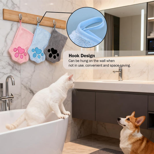 Paw Bathing Towel for Cats, Ultra Soft Microfiber Pet Bath Towel Gloves for Muddy Paws, Ears, Coral Fleece Pet Towel, Quick-Dry Cat Drying Towel, Lint-Free Absorbent with Hanging Loop (blue+pink)