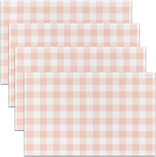 Checkered Table Placemats Set of 4,Farmhouse Checkered Geometric Theme Place Mats 12x18 Inch for Kitchen Table,Cute Plaid Art Design Placemats Set,Light Pink Washable Mats Suitable for Restaurant