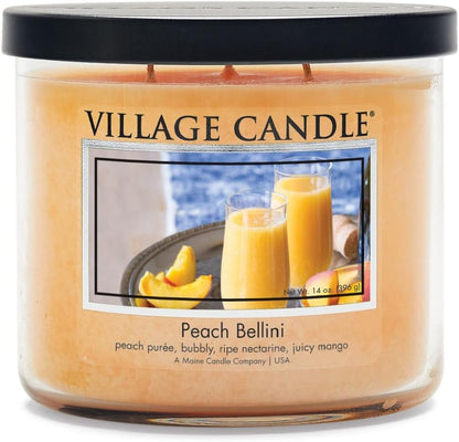 Village Candle Peach Bellini, 3-Wick Black Lid Medium Bowl, Scented Candle, 14 oz.