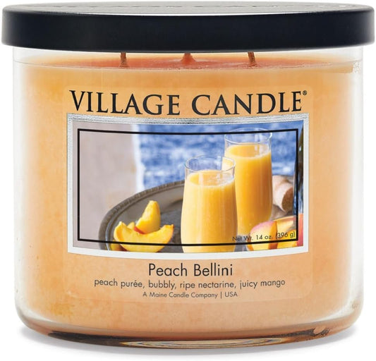 Village Candle Peach Bellini, 3-Wick Black Lid Medium Bowl, Scented Candle, 14 oz.