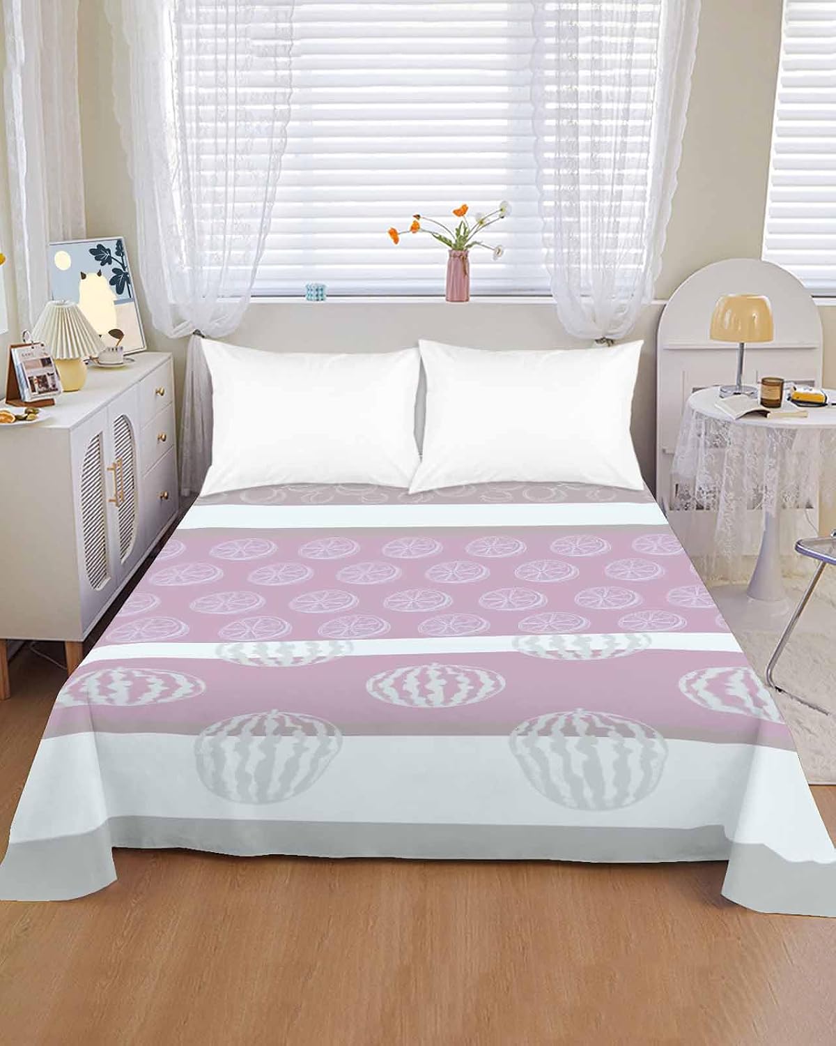 Twin XL Size Flat Sheet Only, Farm Fruits Soft Brushed Microfiber Bed Sheets, Watermelon Lemons Peach Pink Grey Striped Hotel Quality Breathable Bedding Top Sheet, Easy Care, 66"x102"
