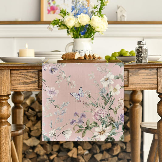 Artoid Mode Pink Floral Wildflower Leaf 210 GSM Spring Table Runner, Seasonal Summer Kitchen Dining Table Decoration for Home Party Decor 13x72 Inch