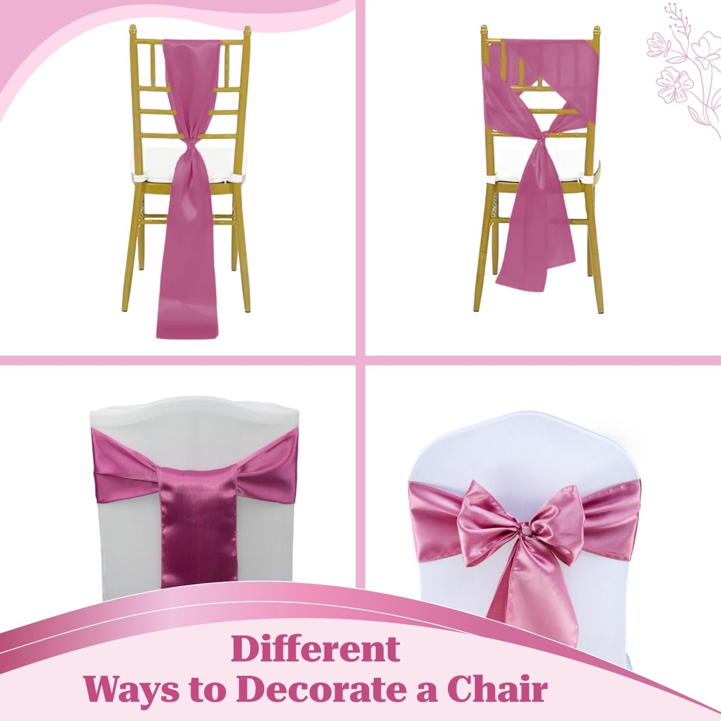 MDS® Pack of 25 Satin Chair Sashes for Weddings and Events Decor, Reusable Chair Bows for Banquet Chairs, Reception, Bridal Shower, Baby Shower, Birthday Party & Holiday Celebrations - Dusty Pink