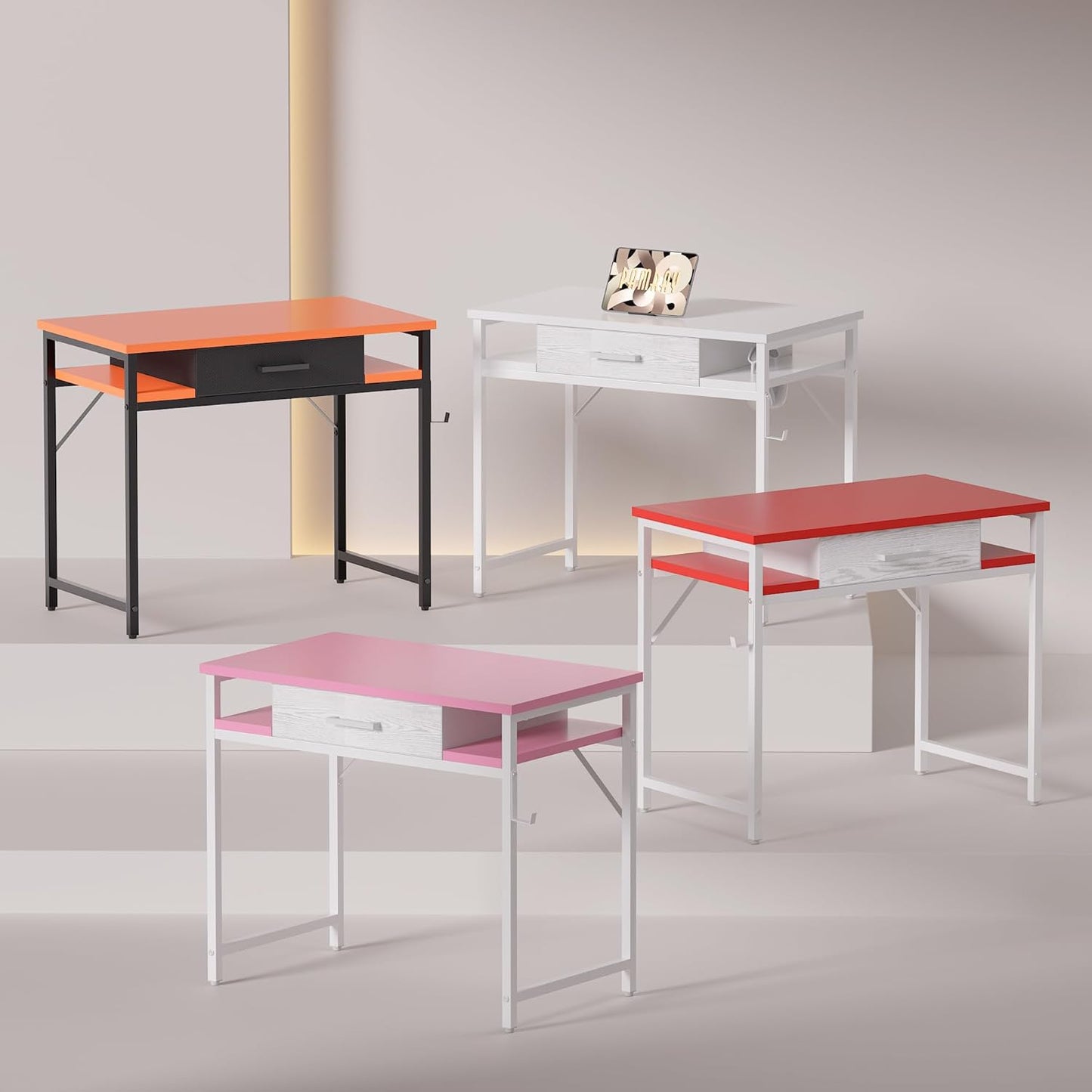 Pamray 32 Inch Small Computer Desk with Drawer and Shelves Simple Study Work Table for Bedroom Pink