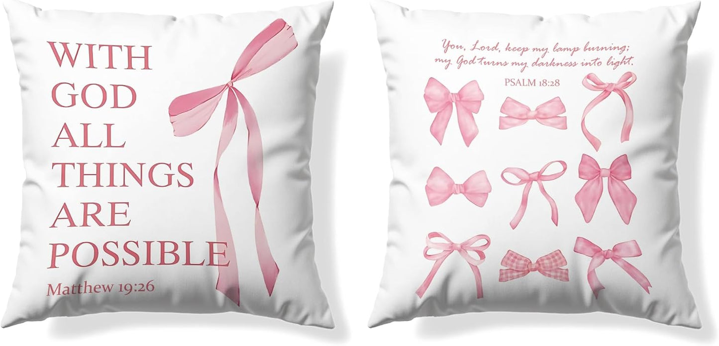 Coquette Pink Bow Christian Throw Pillow Covers 18x18 Set of 2,Pink Bow Christian Room Bedroom Dorm Decor Aesthetic for College Teen Girls Gifts, Inspirational Bible Verses Bow Pillowcase（02）