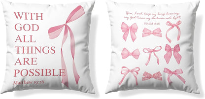 Coquette Pink Bow Christian Throw Pillow Covers 18x18 Set of 2,Pink Bow Christian Room Bedroom Dorm Decor Aesthetic for College Teen Girls Gifts, Inspirational Bible Verses Bow Pillowcase（02）