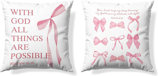Coquette Pink Bow Christian Throw Pillow Covers 18x18 Set of 2,Pink Bow Christian Room Bedroom Dorm Decor Aesthetic for College Teen Girls Gifts, Inspirational Bible Verses Bow Pillowcase（02）