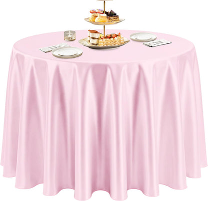 120 Inch Round Satin Tablecloth, Light Pink Heavy-Duty Polyester Table Cover, Smooth Leak-Proof Tear-Resistant Finish for Wedding Reception Birthday Party Banquet Holiday Decor