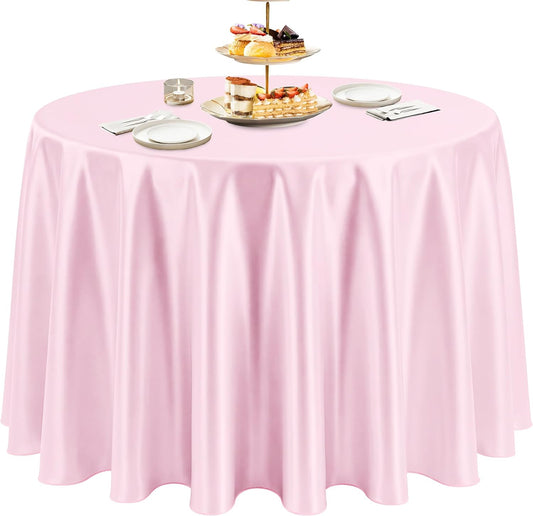 120 Inch Round Satin Tablecloth, Light Pink Heavy-Duty Polyester Table Cover, Smooth Leak-Proof Tear-Resistant Finish for Wedding Reception Birthday Party Banquet Holiday Decor