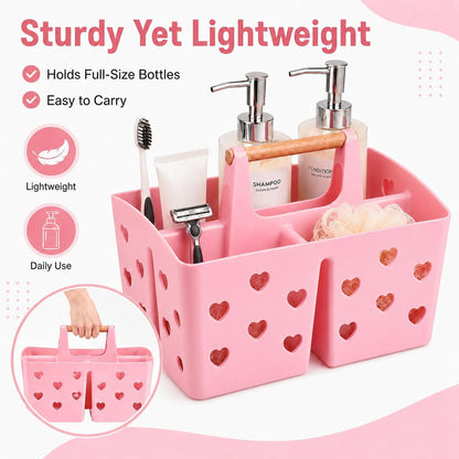 Pink Portable Shower Caddy with Wooden Handle, Plastic Shower Basket Organizer with Drainage Holes & 3 Compartments, Dorm Shower Caddy for College Students, Bathroom, Gym, Camping Toiletry Storage
