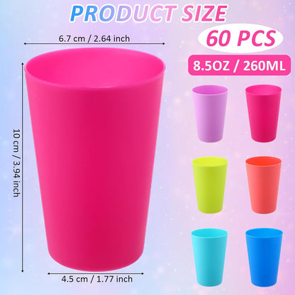 Potchen 60 Pieces Plastic Cups Kids 8.5 oz Reusable Children Drinking Cups Juice Tumblers for Toddler Adults for Parties School (Blue,Light Green,Rose Red,Pink,Sky Blue,Lavender)