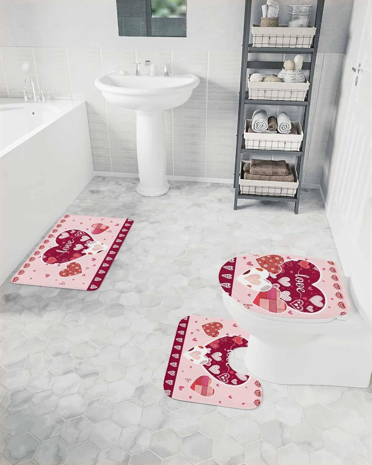 Light Pink Valentines Day Bathroom Rugs Mat Sets 3 Piece, Love Hearts Romantic Farmhouse Bath Shower Rugs with U-Shaped Contour Toilet Mat, Large Absorbent Bathtub Runner Rugs Floor Mats