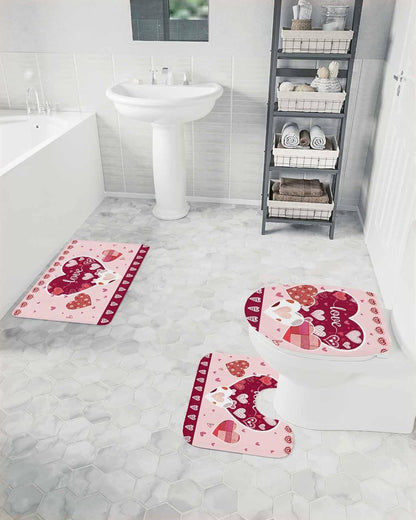 Light Pink Valentines Day Bathroom Rugs Mat Sets 3 Piece, Love Hearts Romantic Farmhouse Bath Shower Rugs with U-Shaped Contour Toilet Mat, Large Absorbent Bathtub Runner Rugs Floor Mats