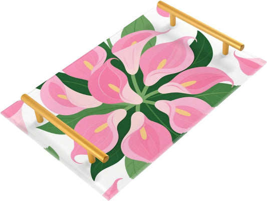 Vintage Pink Calla Lily Chic Decorative Meal Trays with Handles Large Serving Tray for Jewelry Perfume for Tea Trays Serving bandejas para desayuno decorativas