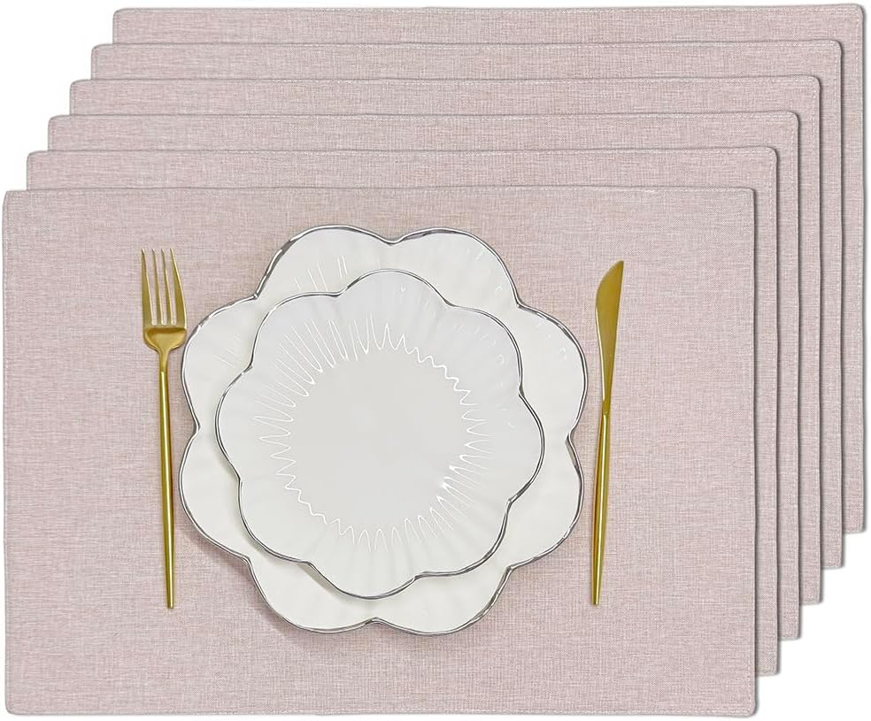 LoveNova Placemats Set of 6, Place Table Mats Indoor, Cloth Placemats Washable, Dinner Placemats Heat Resistant, Faux Linen Dining Table Placemats, 6pc, Light Pink, 13 x 19inch