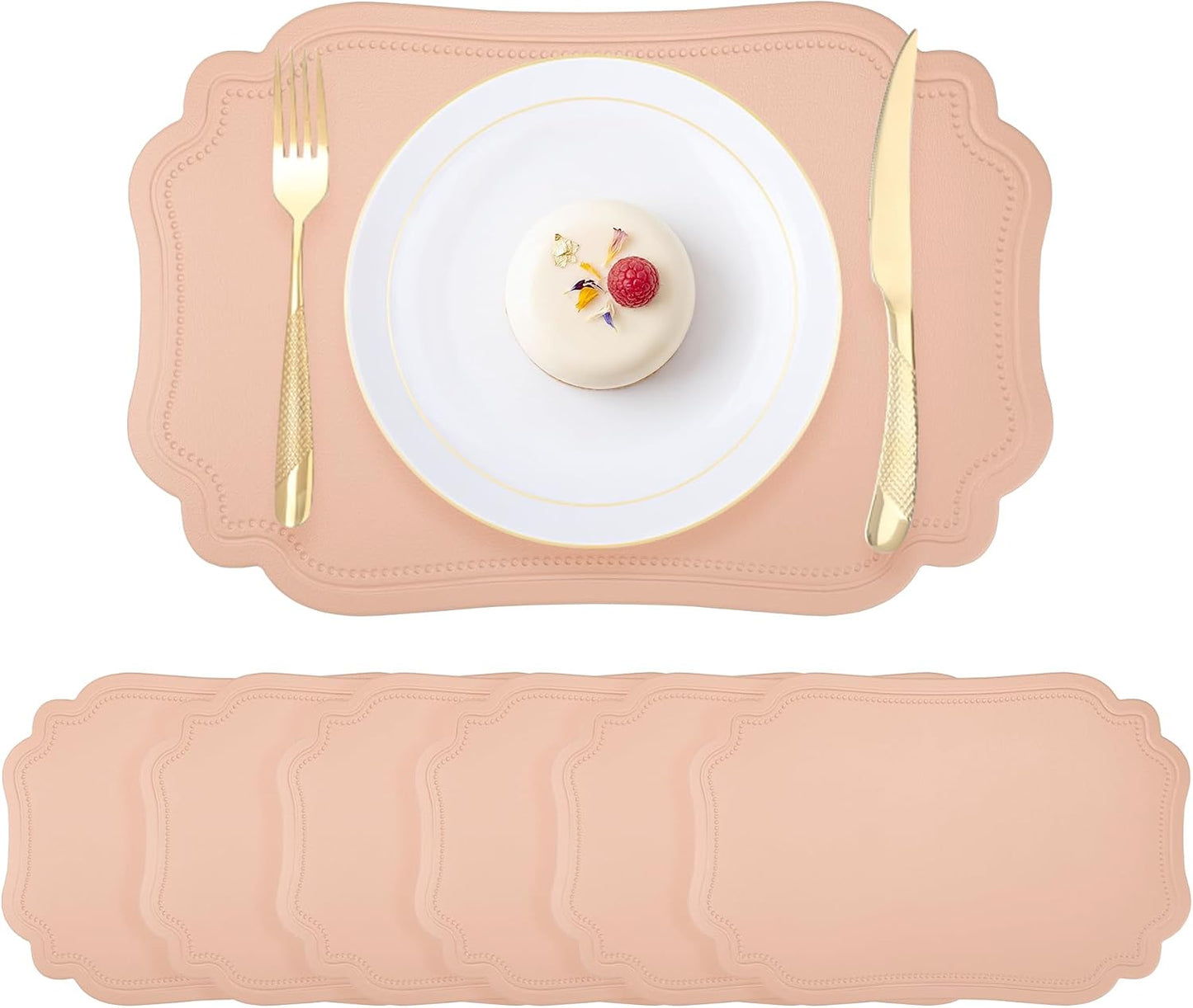 Solid Placemats Set of 6 Leather Placemats for Kitchen Dining Table Decor, Heat Resistant Table Placemats, Waterproof Table Mat 18x12in Pink