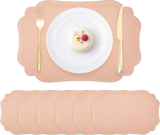 Solid Placemats Set of 6 Leather Placemats for Kitchen Dining Table Decor, Heat Resistant Table Placemats, Waterproof Table Mat 18x12in Pink